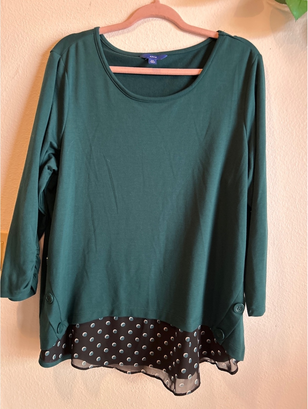 APT. 9 Women's XXL Green Long Sleeve Layered Look Top with Polka Dot Hem